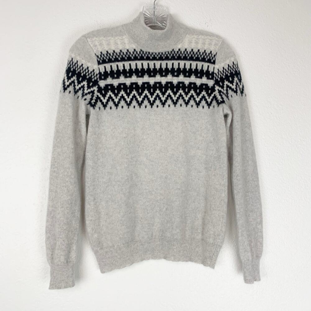 Bloomingdale's Cashmere Gray and Black Fair Isle Mock Turtleneck Sweater